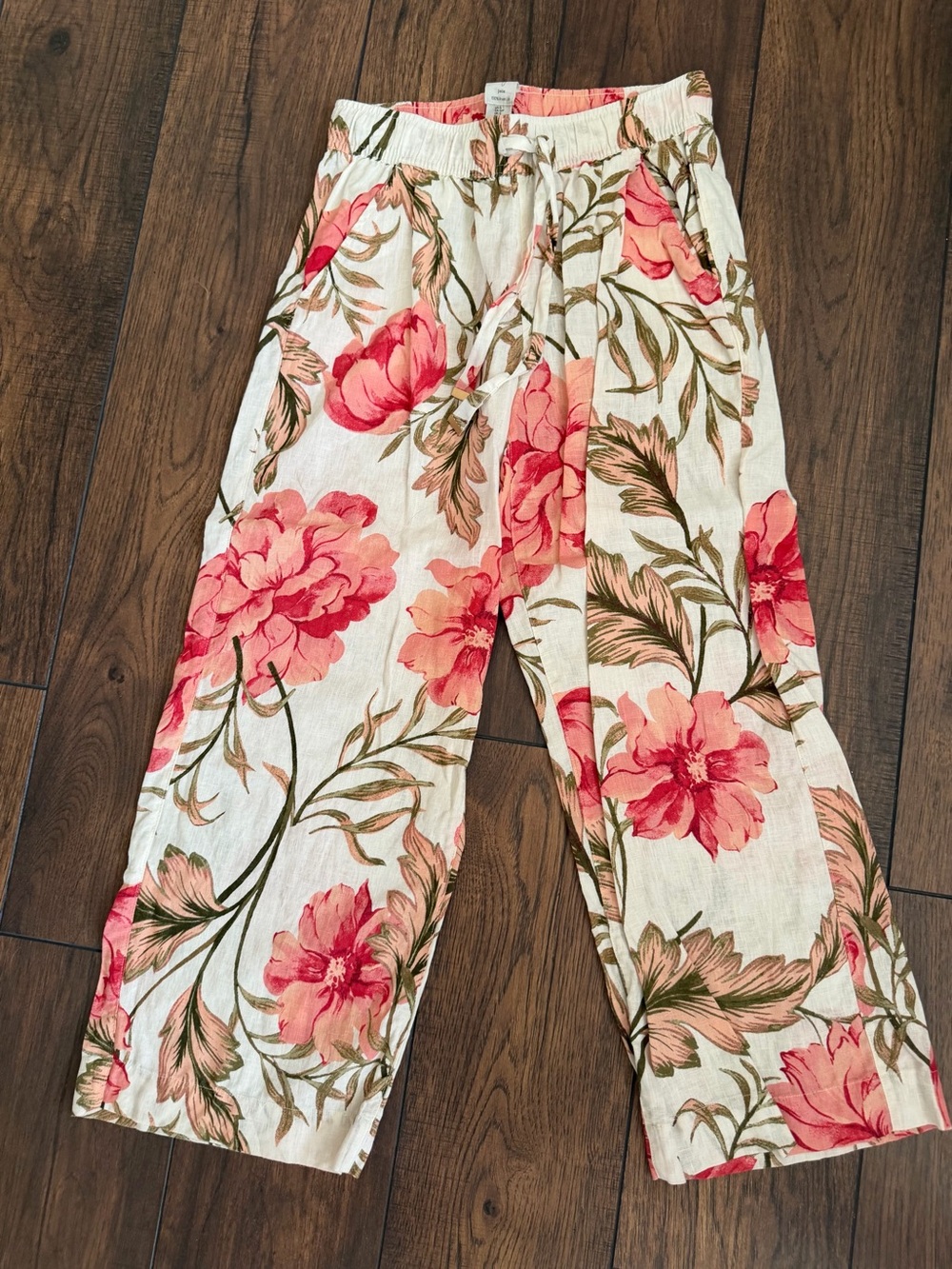 Joie Floral Drawstring Wide-Leg LINEN Pants - Pink on Cream Small